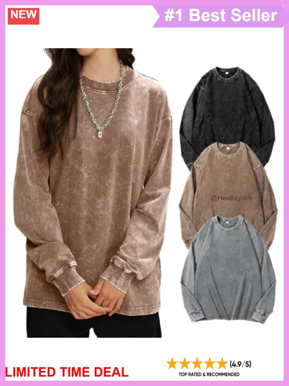 Oversized Acid Wash Cotton Long Sleeve T-Shirt Loose Fit Crewneck Tee